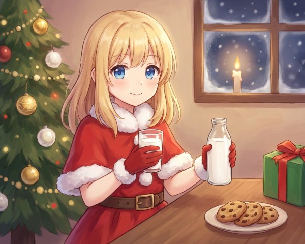 Anime Girl in Santa Outfit by Christmas Tree
