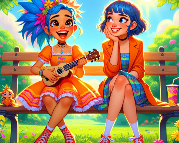Cheerful Girls on a Bright Park Bench with Ukulele