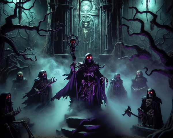 Skeletal Figures in a Dark, Eerie Setting