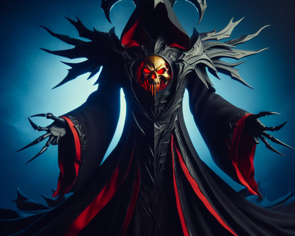 Dramatic Cloaked Figure with Skull Mask and Crimson Lining