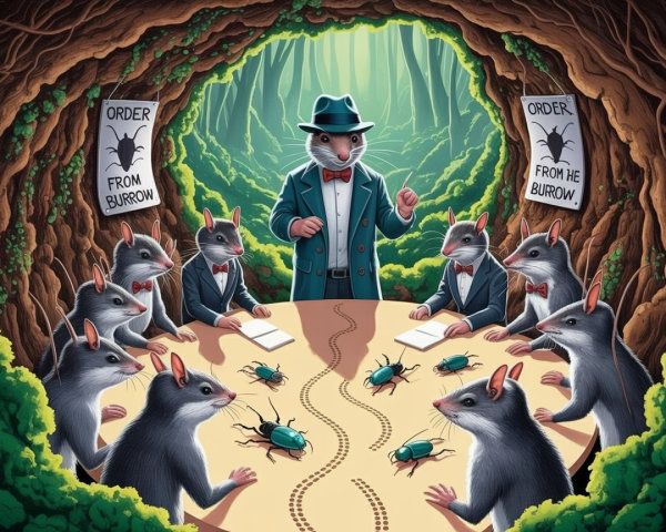 Dapper Mice in Suits Gather Around Wooden Table
