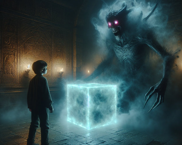 Young boy faces shadowy creature in ancient chamber