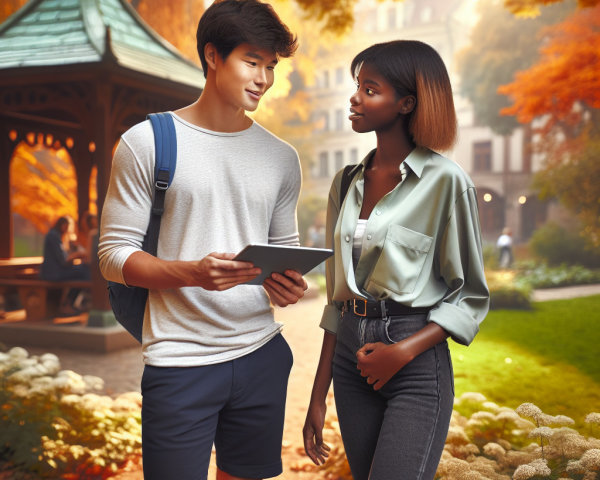 Autumn Park Scene with Two Young Adults Conversing