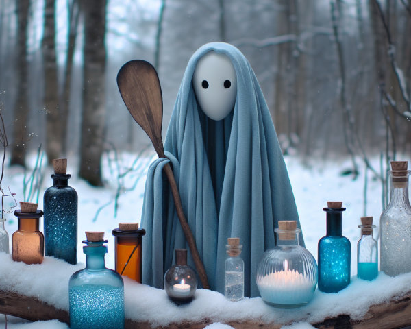 Mysterious Figure with Enchanting Glass Bottles in Snow