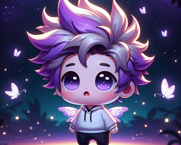 Chibi Character in Magical Night Scene with Butterflies