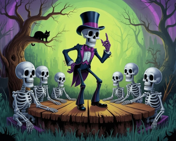 Dapper Skeleton Performance in Whimsical Graveyard