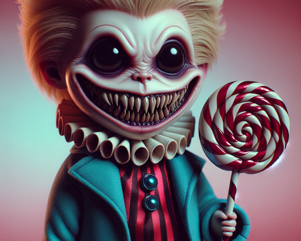 Whimsical Creepy Character with Lollipop and Gradient Background