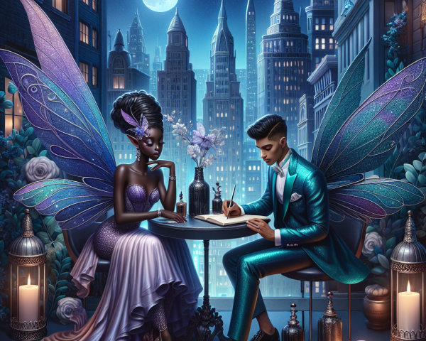 Moonlit Cityscape with Romantic Couple and Lanterns