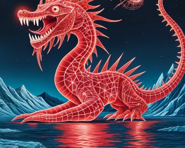 Bright Red Dragon Emerges from Water with Cosmic Sphere