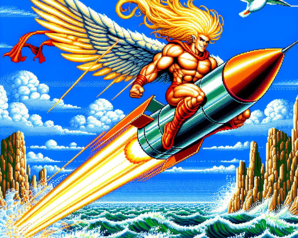 Muscular Figure with Wings Riding Rocket Over Ocean