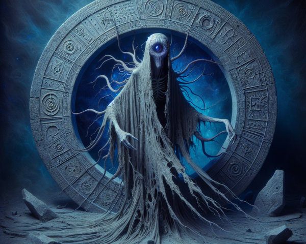 Ghostly Figure Before Ancient Carved Circular Portal