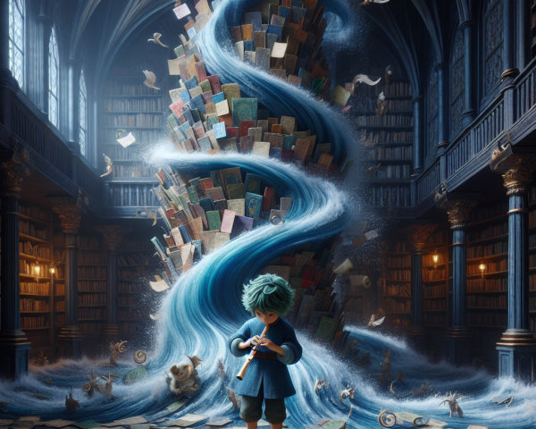 Whimsical Library Scene with Turquoise-Haired Boy