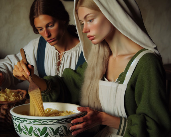Women Preparing Pasta Dough in Rustic Kitchen