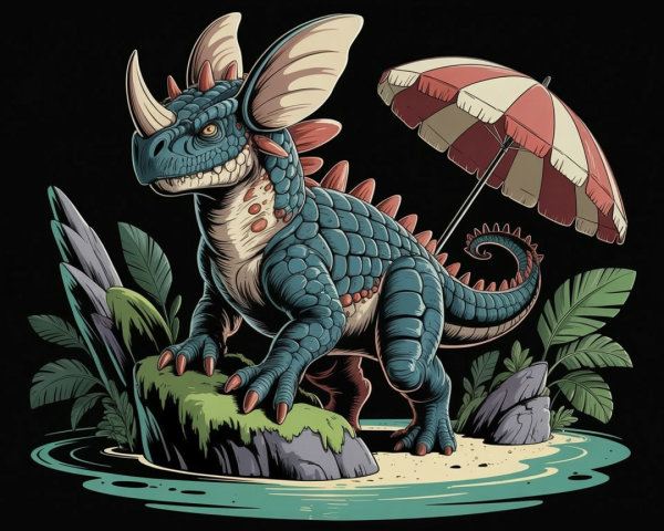 Cartoon Dinosaur on Rocky Island with Beach Umbrella