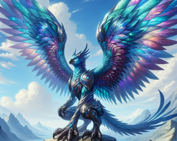Majestic creature with iridescent feathers by lake
