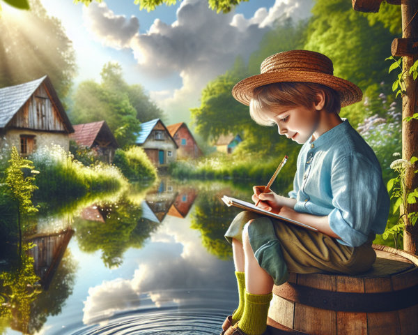 Young boy sketching by serene lake with cottages