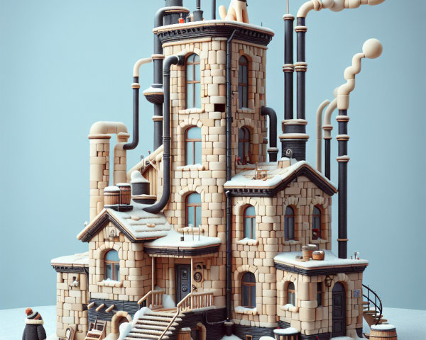 Whimsical Stone Factory in a Winter Wonderland Scene