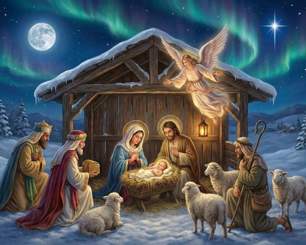 Outdoor Nativity Scene with Mary, Joseph, and Jesus