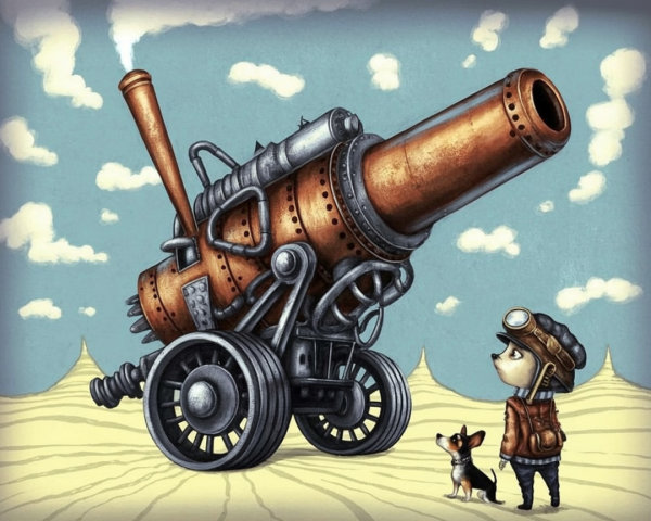 Steampunk Cannon in a Whimsical Desert Landscape