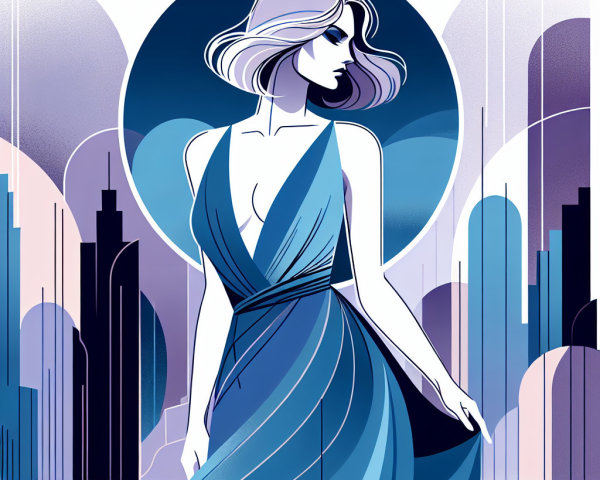 Elegant Woman in Blue Dress Against Urban Backdrop
