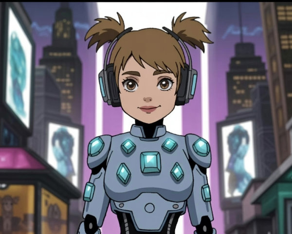Young girl in metallic armor with futuristic headphones