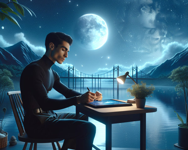 Young man sketches by a moonlit tranquil lake