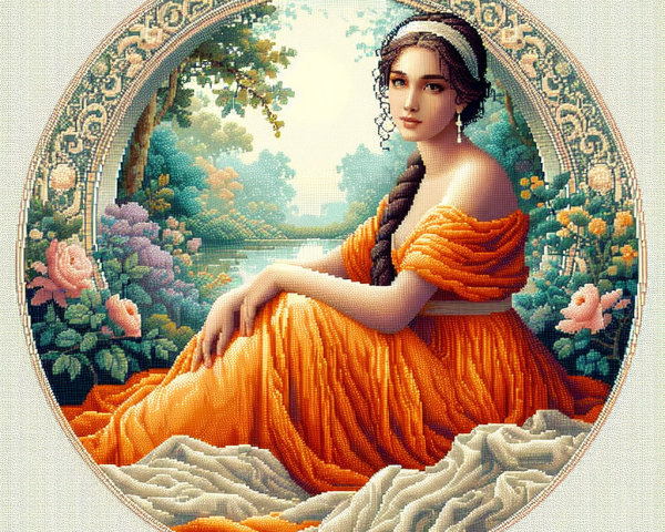 Serene Woman in Orange Gown Surrounded by Nature