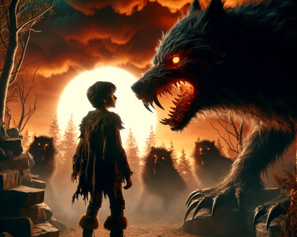 Young Boy Confronts Menacing Wolf in Twilight Scene