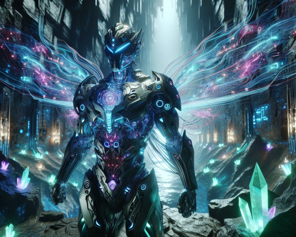 Futuristic humanoid robot in a glowing cavern setting