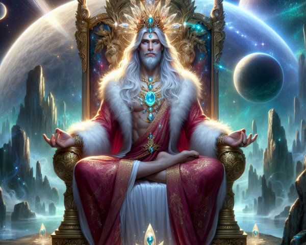 Majestic deity on ornate throne with cosmic backdrop