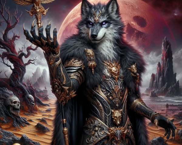 Anthropomorphic wolf in ornate armor under red moon