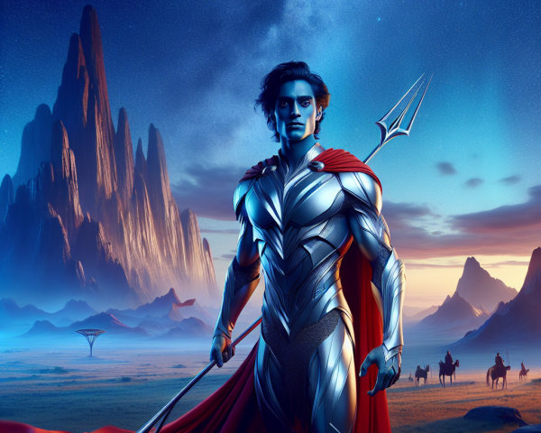 Futuristic warrior in metallic armor with a spear