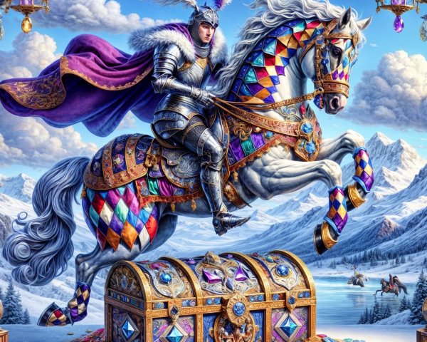 Knight on White Horse with Treasure Chest and Mountains