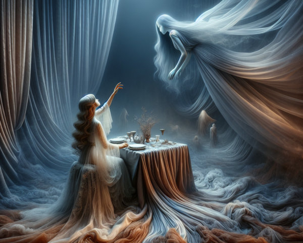 Ghostly Figure and Woman in Mystical Setting