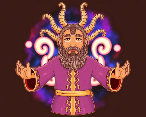 Mystical figure in purple robe with cosmic background