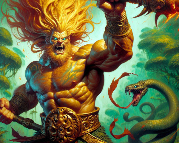 Warrior with Fiery Hair and Mace in Jungle Setting