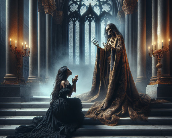 Gothic Cathedral Scene with Woman and Skeleton Figure