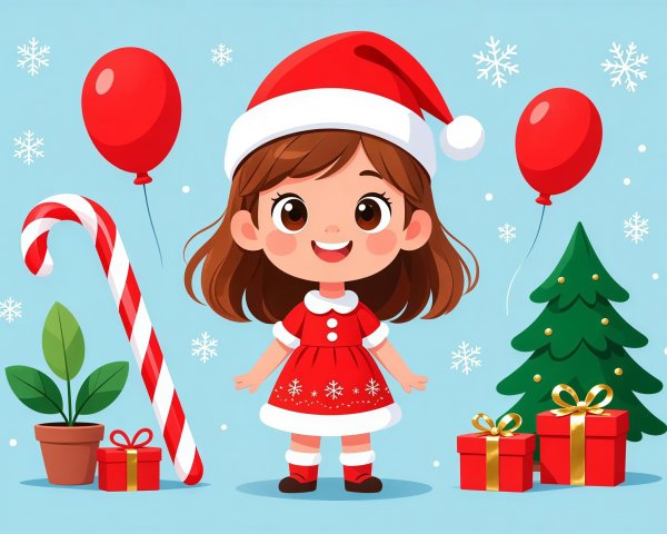 Cartoon Illustration of Girl in Christmas Outfit