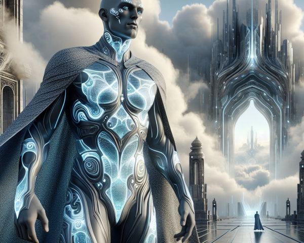 Futuristic humanoid figure in a surreal landscape