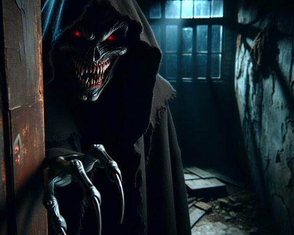 Menacing Figure in Dark Eerie Room with Shadows