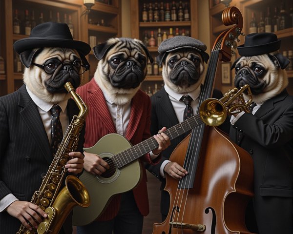Whimsical Jazz Band with Pugs in Stylish Attire