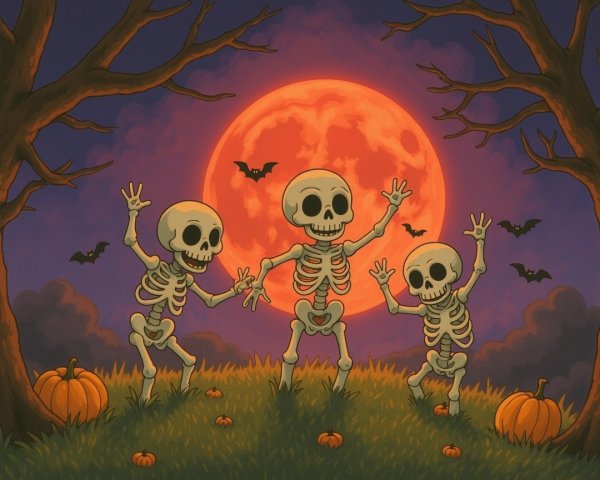 Skeletons dancing under a glowing orange full moon