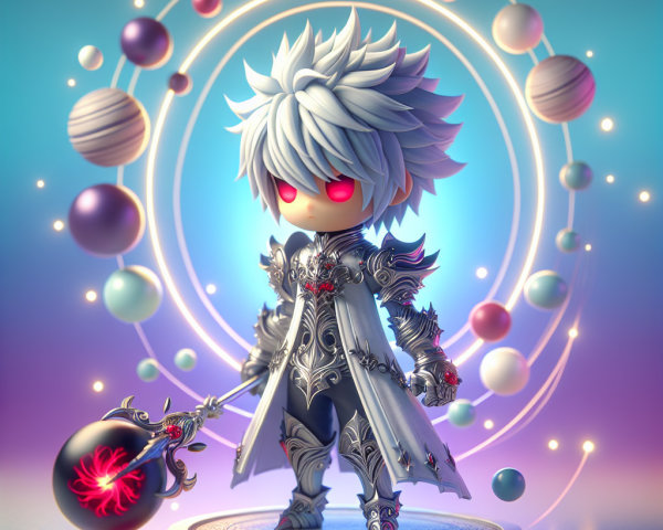 Miniature character in ornate silver armor with staff