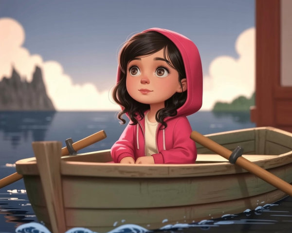 Young girl in pink hoodie on calm water boat