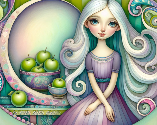 Colorful Illustration of Girl with Silver Hair and Apples