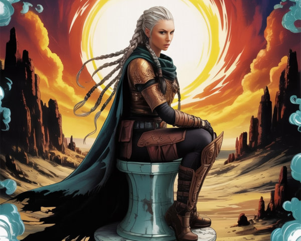 Fierce warrior on pedestal in surreal landscape