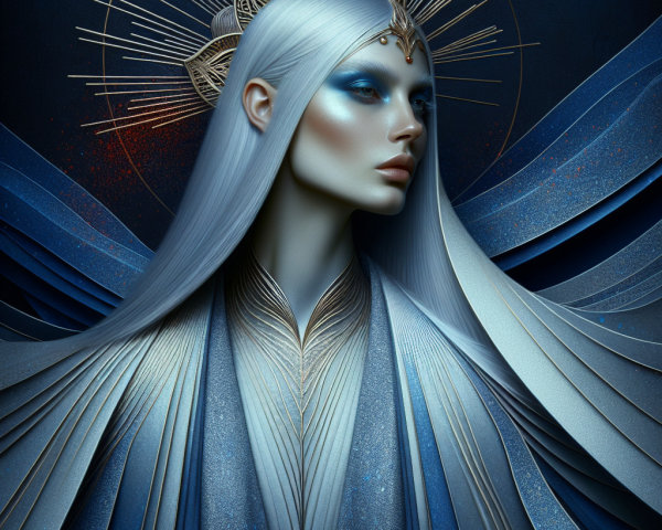 Elegant figure with silvery hair and blue makeup