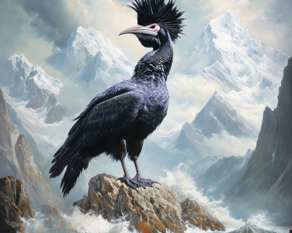 Majestic Black Bird on Rocky Outcrop with Waves