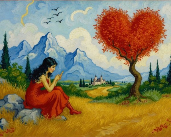 Woman in Red Dress with Heart-Shaped Tree Landscape