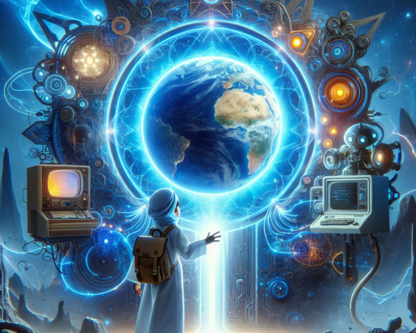 Child in Futuristic Robe by Glowing Portal and Earth